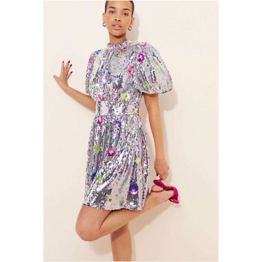 Celia B Wonderer Sequin Floral Puff Sleeve Cocktail Party Wedding Mini Dress L